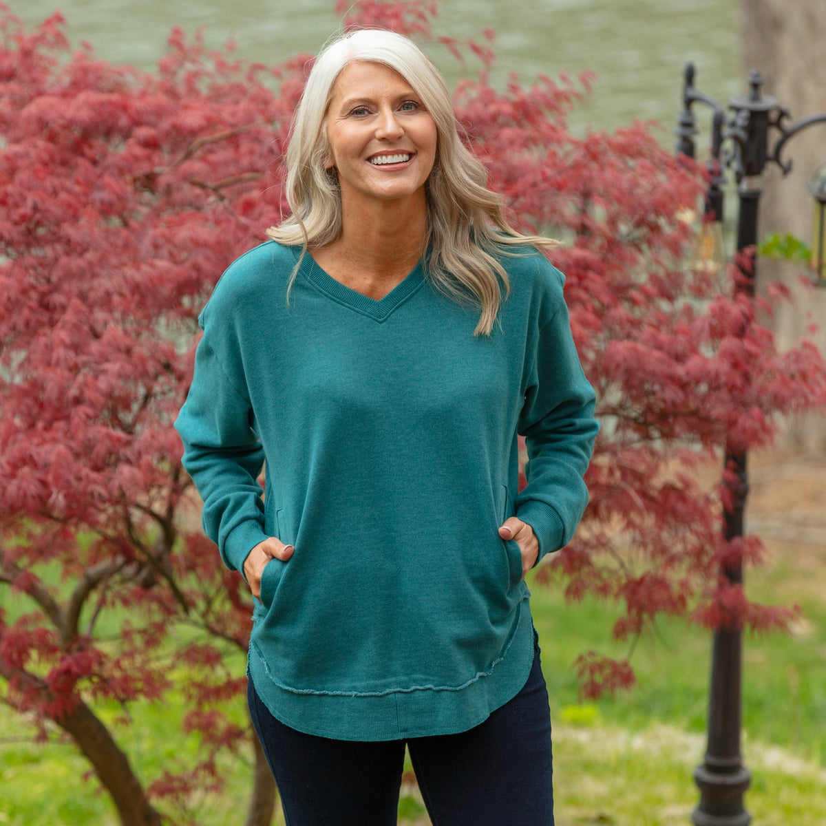 Green V Neck Sweatshirt Pockets East Hall