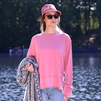 Woman wearing long sleeve Dustry Rose color vintage washed tee